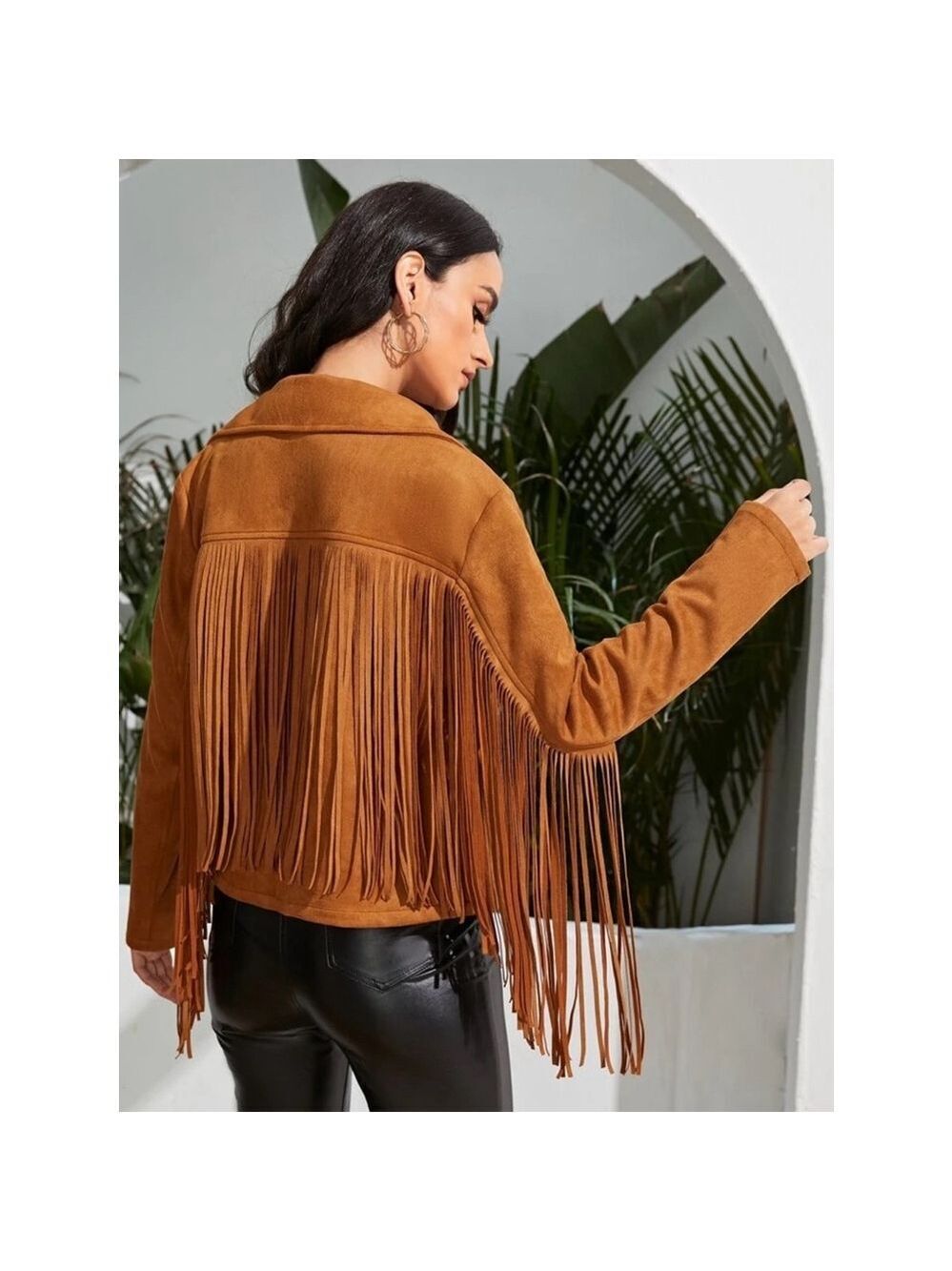Zip Up Fringe Trim Jacket, Size M